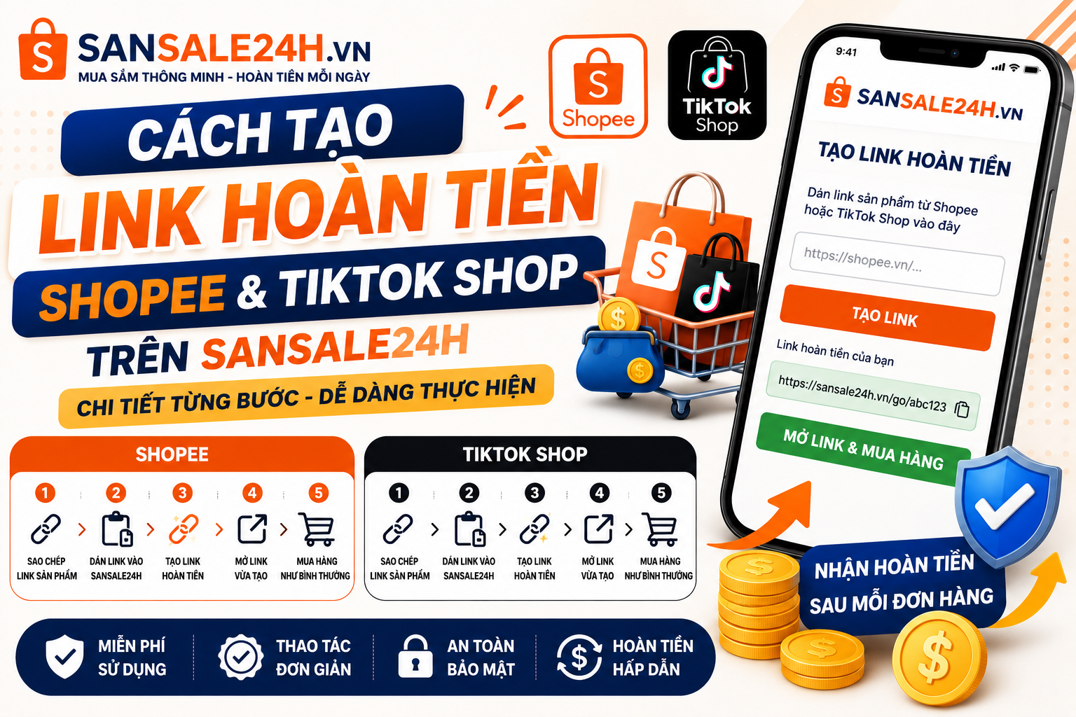 Cách Tạo Link Hoàn Tiền Shopee Và TikTok Shop Trên Sansale24h Chi Tiết Từng Bước